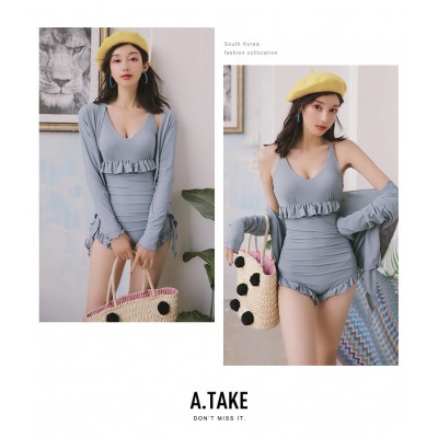 Solid color V-neck long sleeves slimming one-piece bathing suit for women